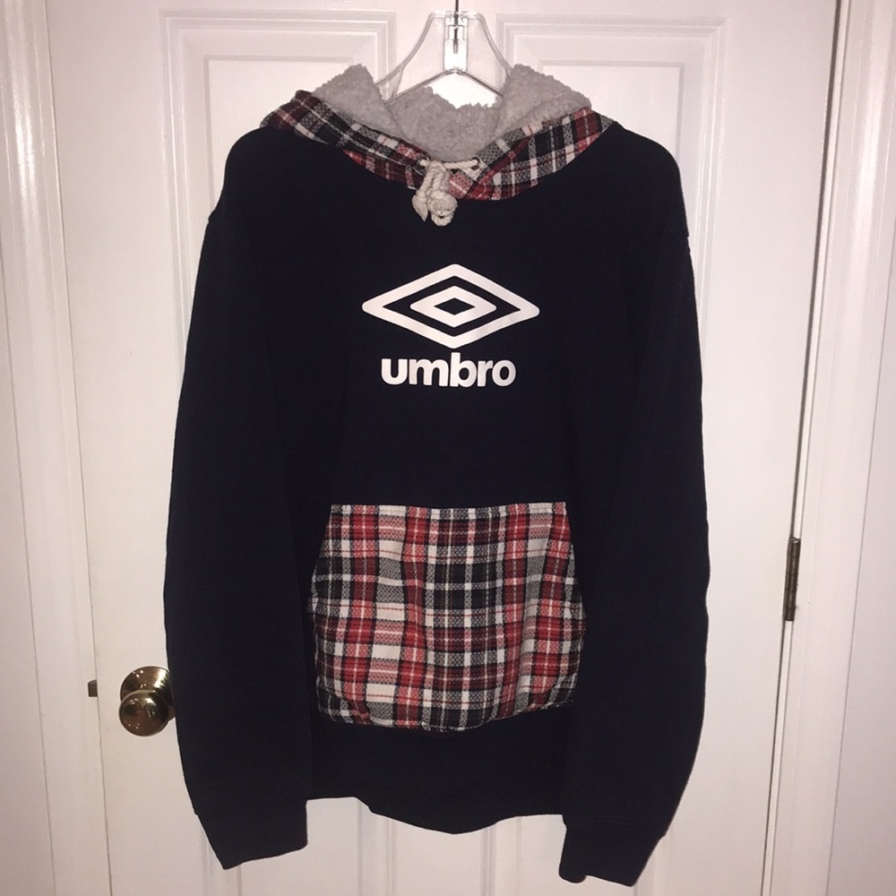 UMBRO MEN'S TARTAN SHERPA FLEECE HEAVYWEIGHT HOODIE, NAVY/PLAID/VERMILLION - XXL